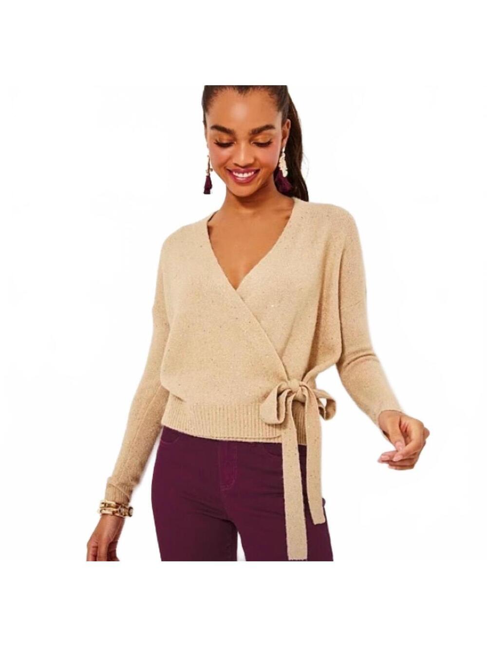Lilly Pulitzer Dixie Wrap Beige Sequin Sweater Preppy Balletcore Quiet Luxurt